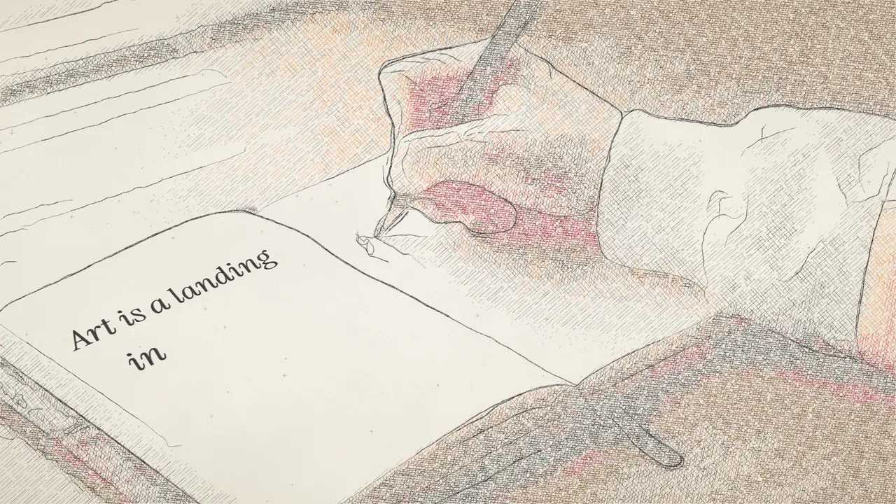 Colored-pencil frame on white paper: a hand with a pencil writing &ldquo;Art is a landing in&rdquo; in a sketchbook.