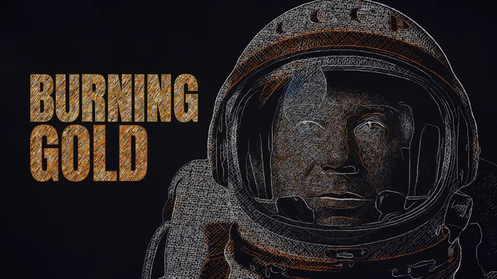 Colored-pencil frame: Leonov in his helmet, lit from the left, beside the words BURNING GOLD hatched in gold and orange pencil.