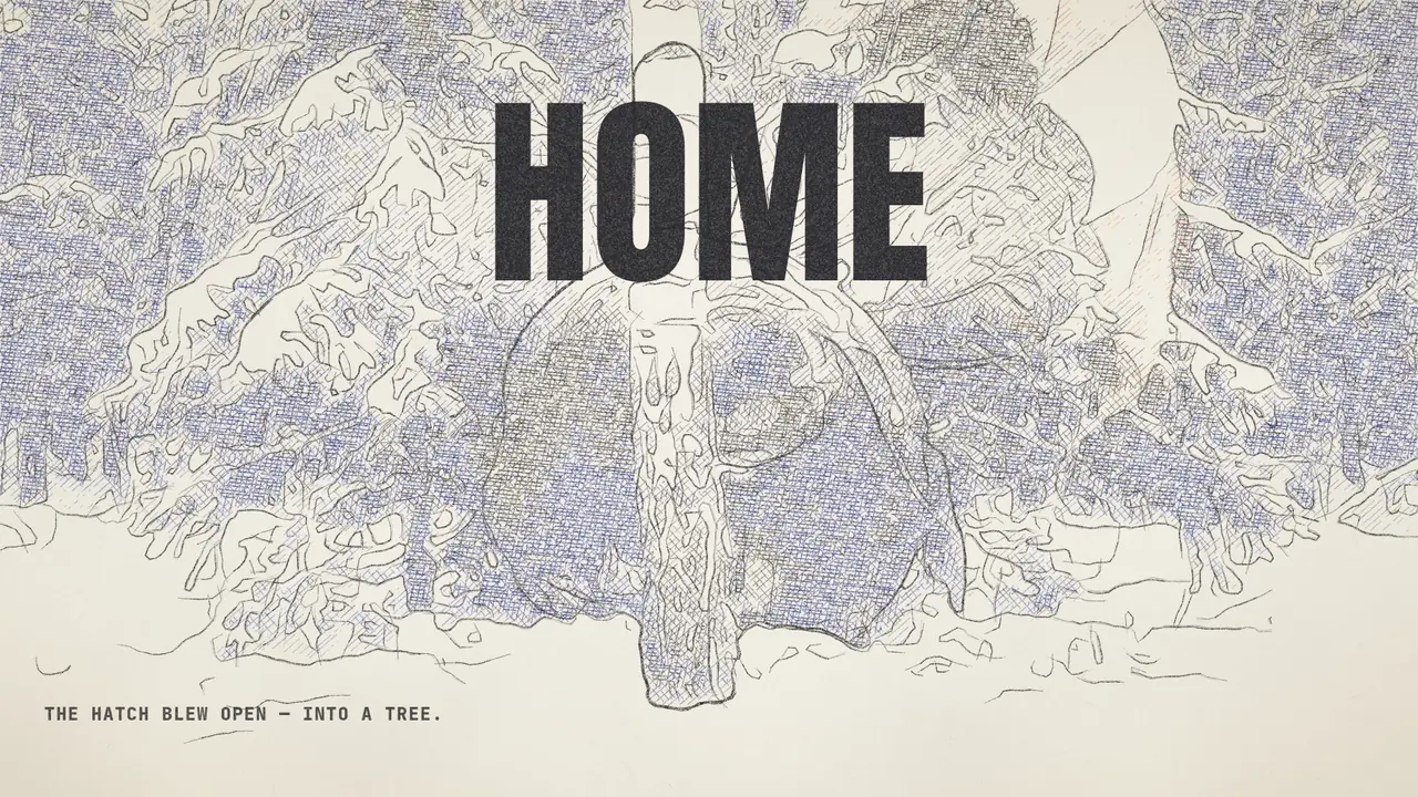 Colored-pencil frame on white paper: snow-laden taiga drawn in graphite and blue, the word HOME in black capitals, and the caption THE HATCH BLEW OPEN — INTO A TREE.